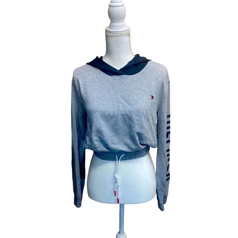Tommy Hilfiger Long Sleeved Hooded Gray Cropped Top Women's Size Small